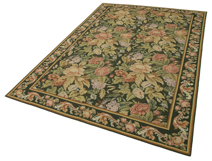 Needlepoint Floral Yeşil Çiçekli Pamuk Yün El Dokuma Halısı 170x256 Agacan
