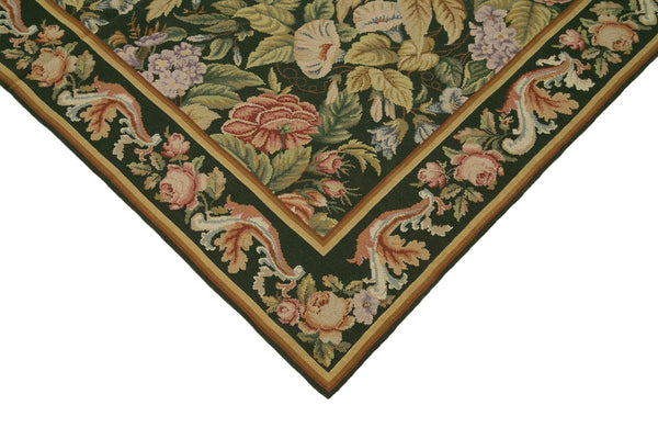Needlepoint Floral Yeşil Çiçekli Pamuk Yün El Dokuma Halısı 170x256 Agacan