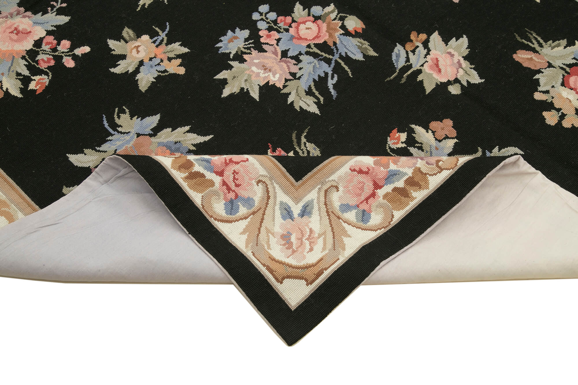 Needlepoint Floral Siyah Çiçekli Pamuk Yün El Dokuma Halısı 180x275 Agacan