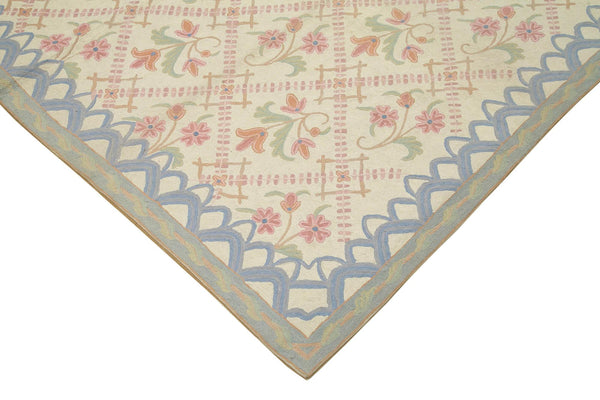 Needlepoint Floral Bej Çiçekli Pamuk Yün El Dokuma Halısı 182x290 Agacan