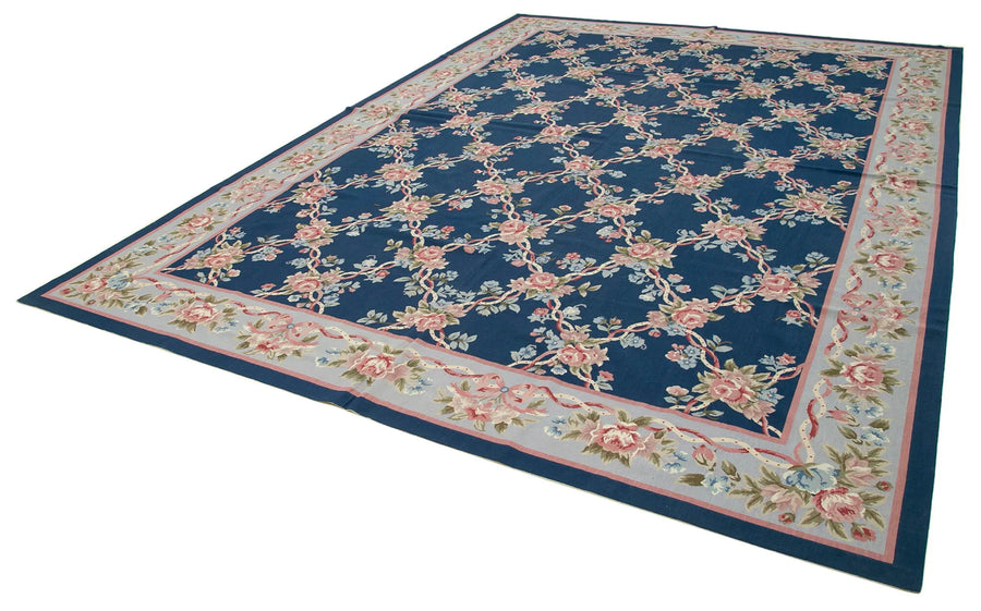 Needlepoint Floral Mavi Çiçekli Pamuk Yün El Dokuma Halısı 301x416 Agacan