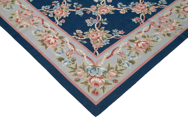 Needlepoint Floral Mavi Çiçekli Pamuk Yün El Dokuma Halısı 301x416 Agacan