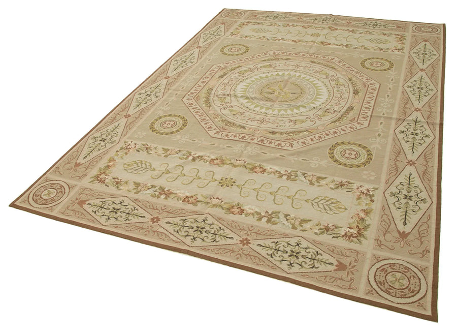 Needlepoint Floral Bej Çiçekli Pamuk Yün El Dokuma Halısı 184x276 Agacan
