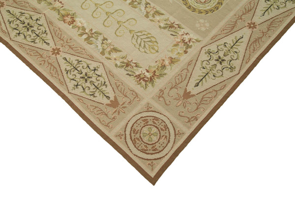 Needlepoint Floral Bej Çiçekli Pamuk Yün El Dokuma Halısı 184x276 Agacan