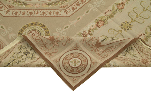 Needlepoint Floral Bej Çiçekli Pamuk Yün El Dokuma Halısı 184x276 Agacan