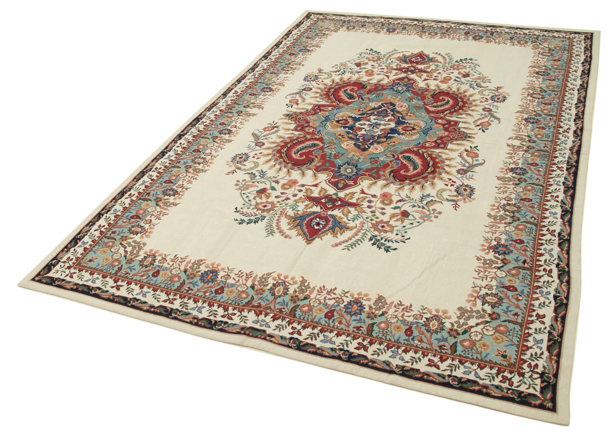 Needlepoint Floral Bej Çiçekli Pamuk Yün El Dokuma Halısı 167x260 Agacan