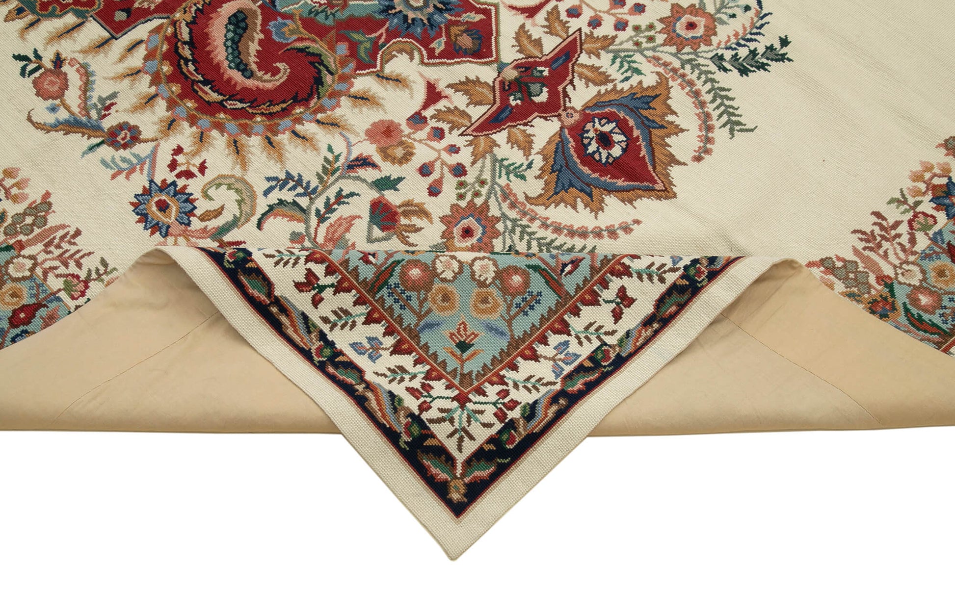 Needlepoint Floral Bej Çiçekli Pamuk Yün El Dokuma Halısı 167x260 Agacan