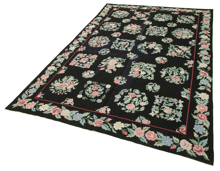 Needlepoint Floral Siyah Çiçekli Pamuk Yün El Dokuma Halısı 174x266 Agacan