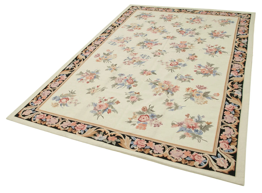 Needlepoint Floral Bej Çiçekli Pamuk Yün El Dokuma Halısı 182x273 Agacan
