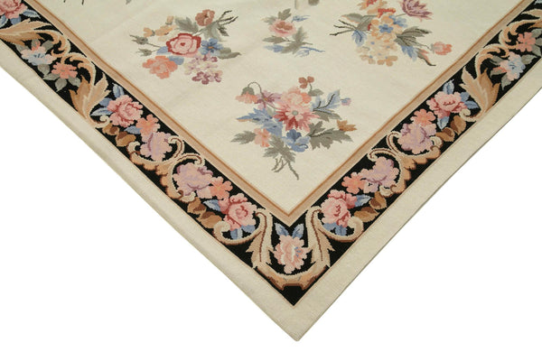 Needlepoint Floral Bej Çiçekli Pamuk Yün El Dokuma Halısı 182x273 Agacan