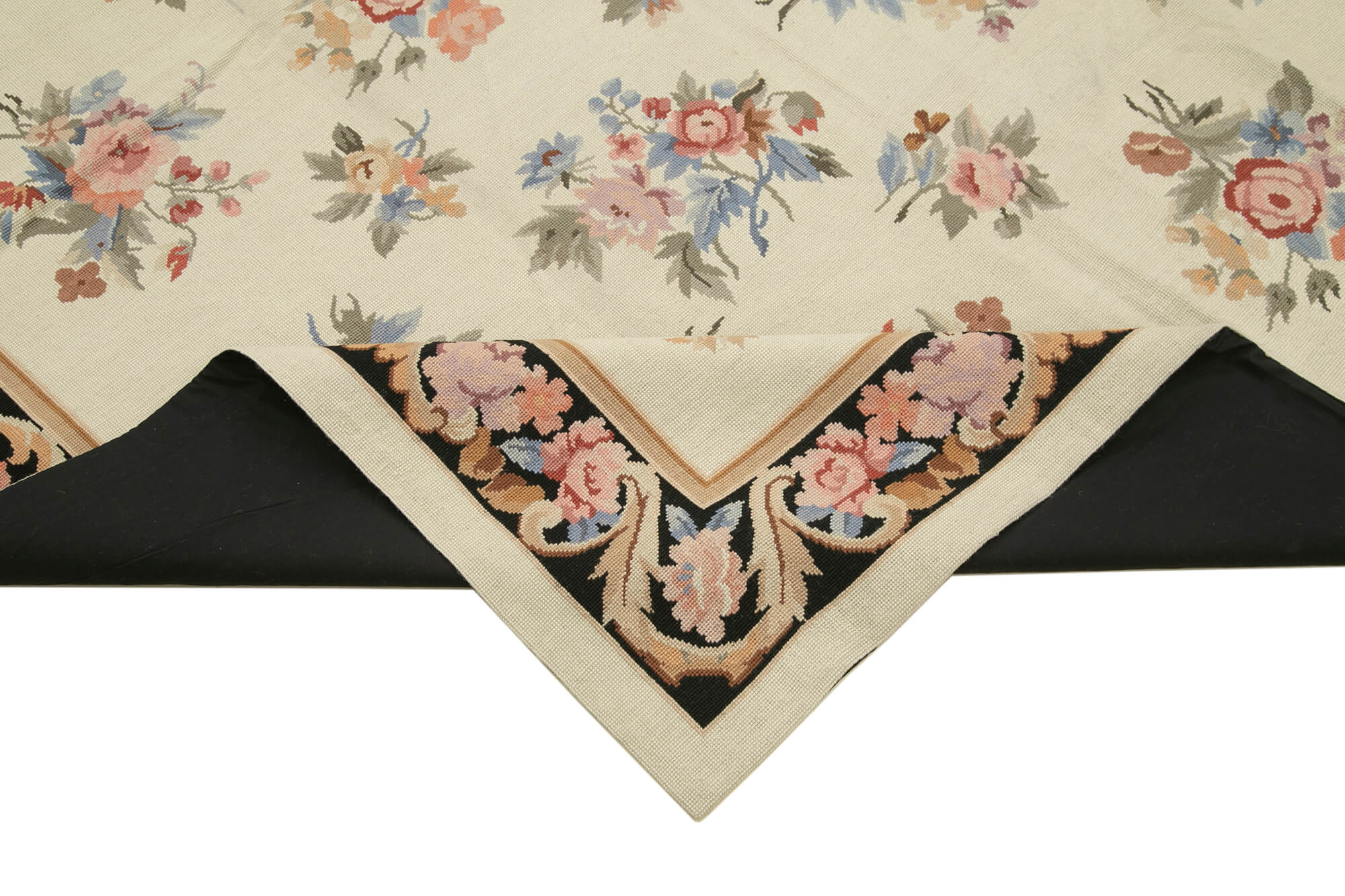 Needlepoint Floral Bej Çiçekli Pamuk Yün El Dokuma Halısı 182x273 Agacan