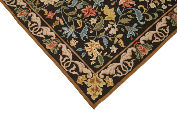 Needlepoint Floral Siyah Çiçekli Pamuk Yün El Dokuma Halısı 182x270 Agacan