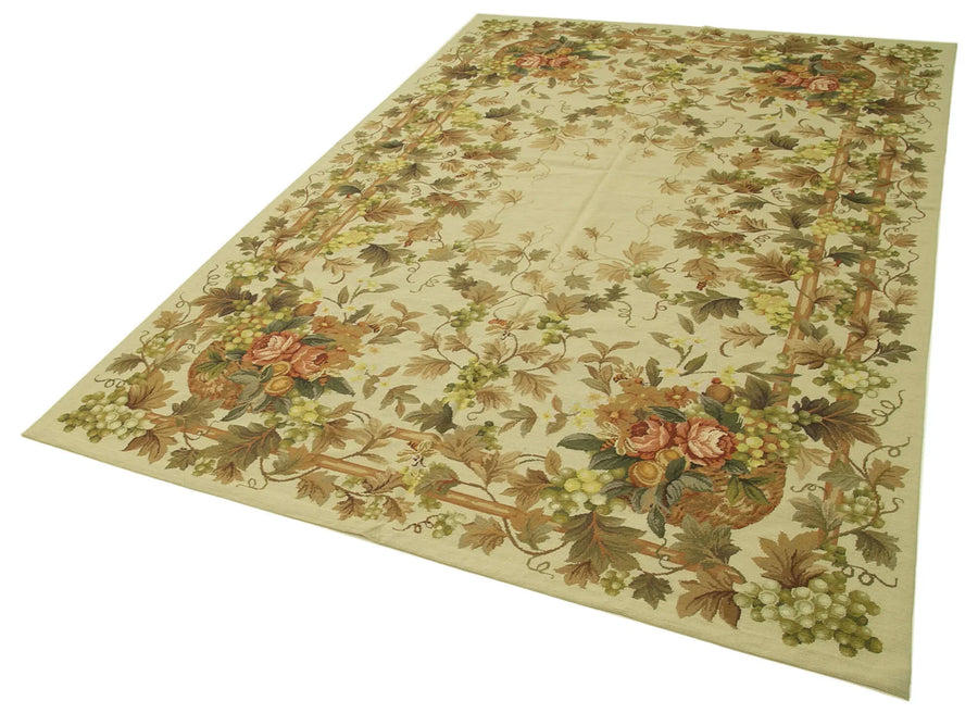 Needlepoint Floral Bej Çiçekli Pamuk Yün El Dokuma Halısı 182x280 Agacan