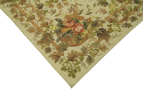 Needlepoint Floral Bej Çiçekli Pamuk Yün El Dokuma Halısı 182x280 Agacan