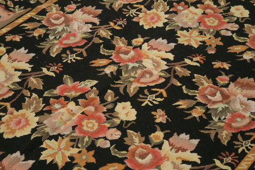 Needlepoint Floral Siyah Çiçekli Pamuk Yün El Dokuma Halısı 183x274 Agacan