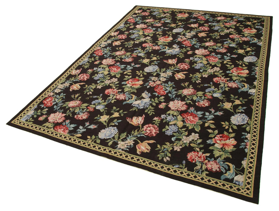 Needlepoint Floral Siyah Çiçekli Pamuk Yün El Dokuma Halısı 177x271 Agacan