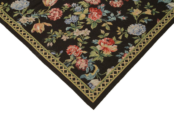 Needlepoint Floral Siyah Çiçekli Pamuk Yün El Dokuma Halısı 177x271 Agacan