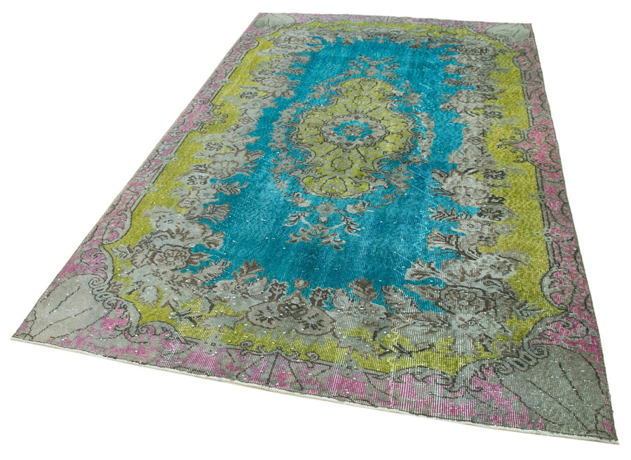 Oyma Vintage Mavi Eskitme Pamuk Yün El Dokuma Halısı 172x276 Agacan