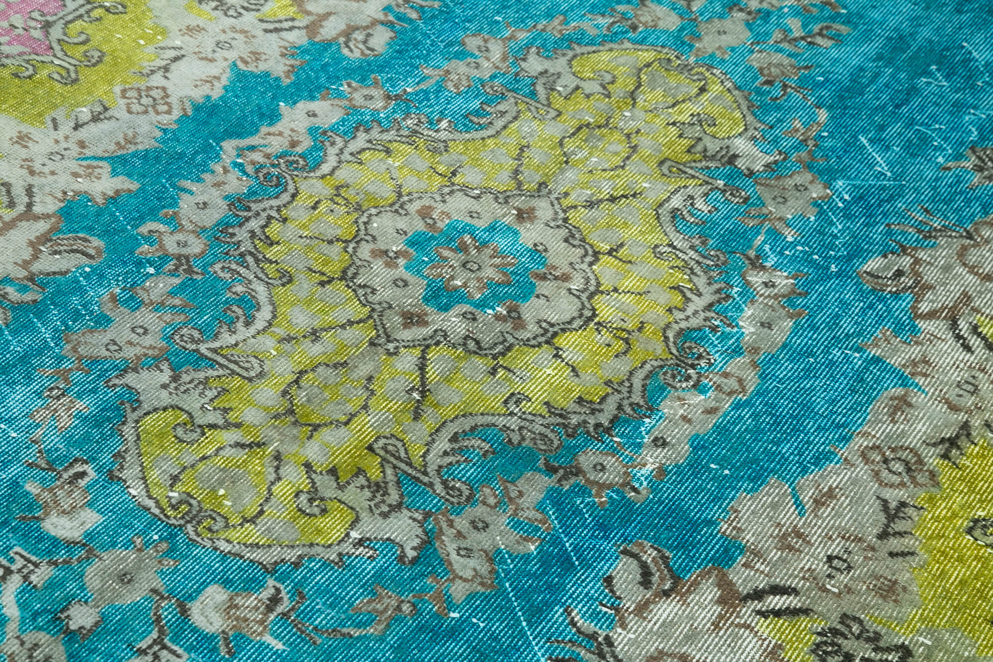 Oyma Vintage Mavi Eskitme Pamuk Yün El Dokuma Halısı 172x276 Agacan