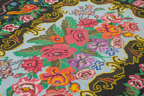 Moldovian Floral Siyah Çiçekli Pamuk Yün Keçi Tüyü El Dokuma Halısı 198x272 Agacan