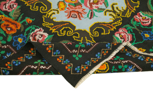 Moldovian Floral Siyah Çiçekli Pamuk Yün Keçi Tüyü El Dokuma Halısı 198x272 Agacan