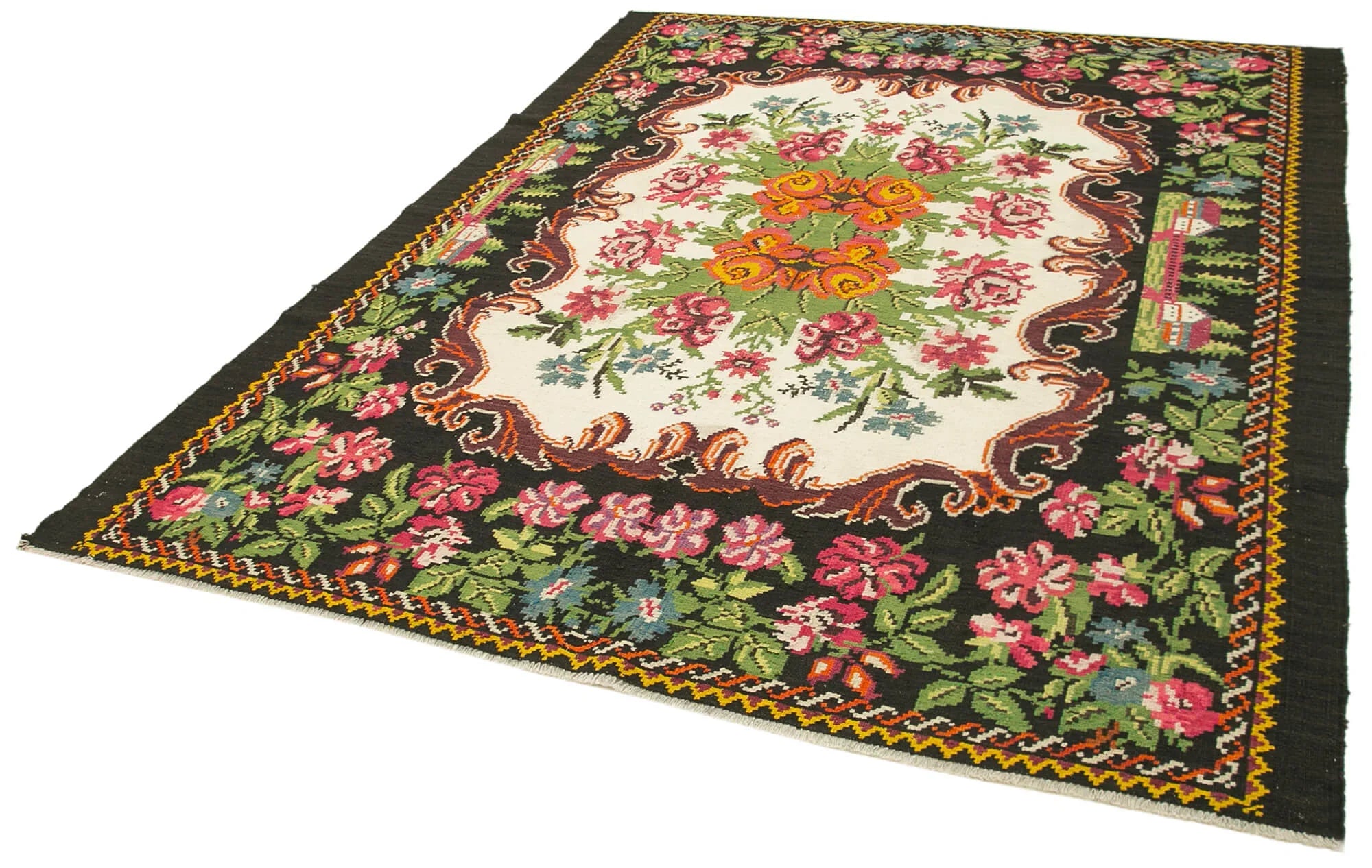 Moldovian Floral Siyah Çiçekli Pamuk Yün Keçi Tüyü El Dokuma Halısı 208x270 Agacan