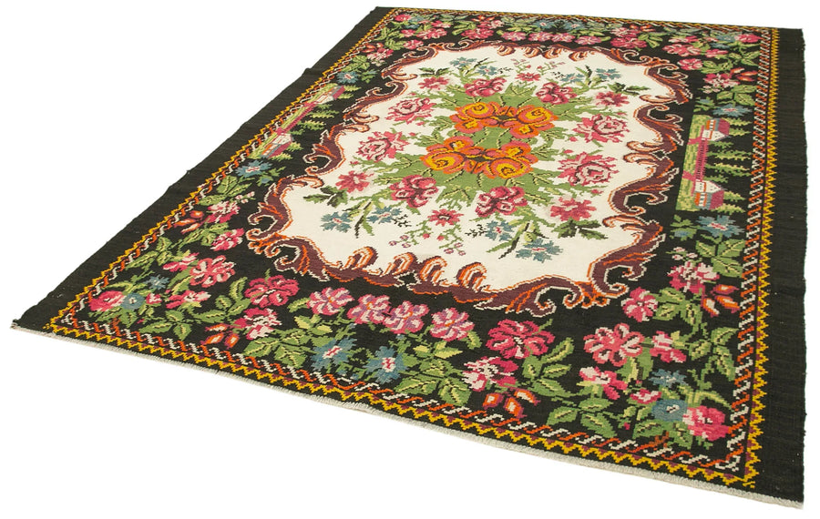 Moldovian Floral Siyah Çiçekli Pamuk Yün Keçi Tüyü El Dokuma Halısı 208x270 Agacan