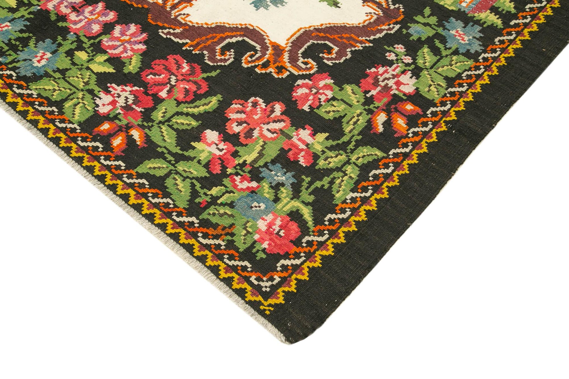 Moldovian Floral Siyah Çiçekli Pamuk Yün Keçi Tüyü El Dokuma Halısı 208x270 Agacan