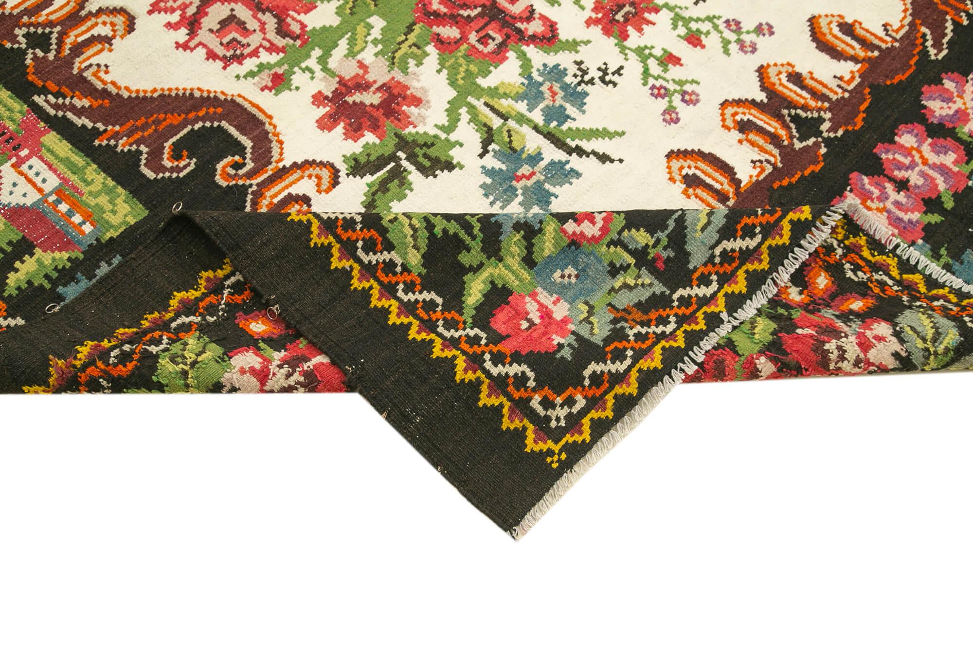 Moldovian Floral Siyah Çiçekli Pamuk Yün Keçi Tüyü El Dokuma Halısı 208x270 Agacan