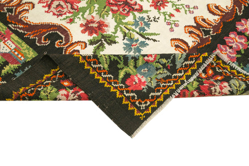 Moldovian Floral Siyah Çiçekli Pamuk Yün Keçi Tüyü El Dokuma Halısı 208x270 Agacan