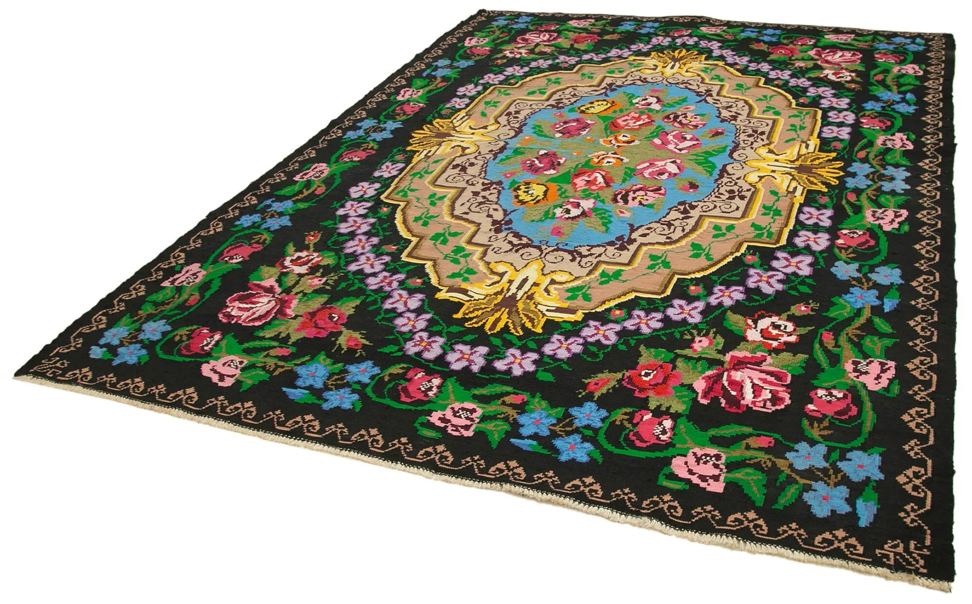Moldovian Floral Siyah Çiçekli Pamuk Yün Keçi Tüyü El Dokuma Halısı 230x316 Agacan