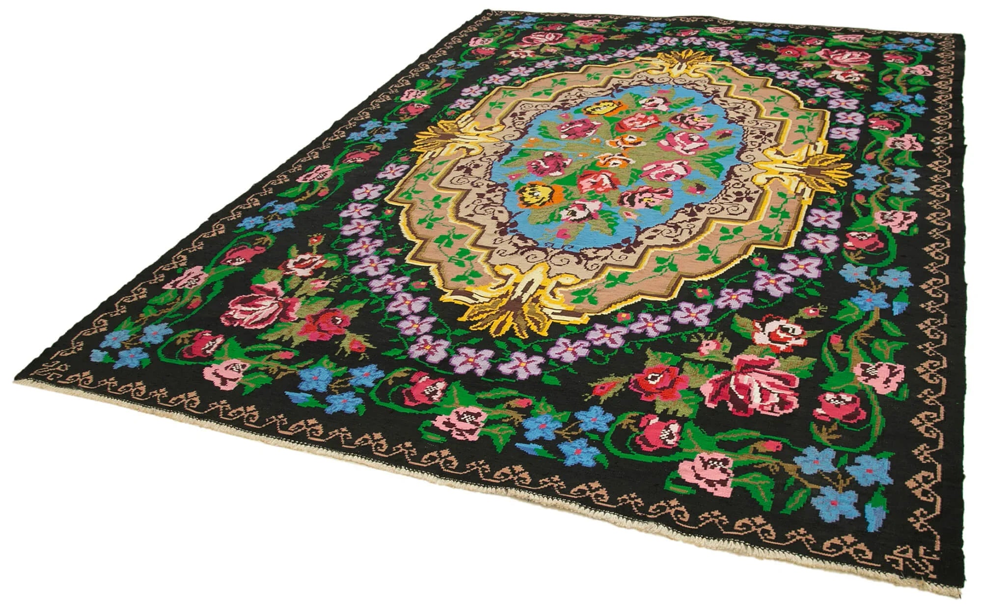 Moldovian Floral Siyah Çiçekli Pamuk Yün Keçi Tüyü El Dokuma Halısı 230x316 Agacan