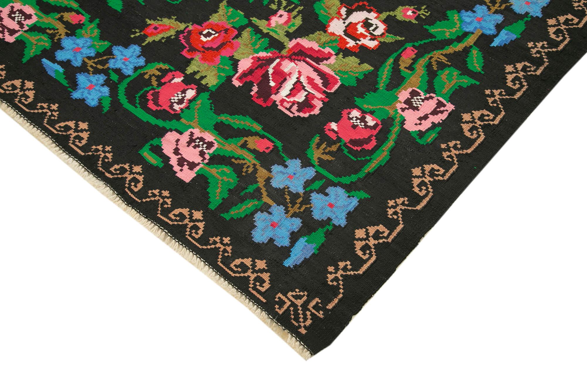 Moldovian Floral Siyah Çiçekli Pamuk Yün Keçi Tüyü El Dokuma Halısı 230x316 Agacan