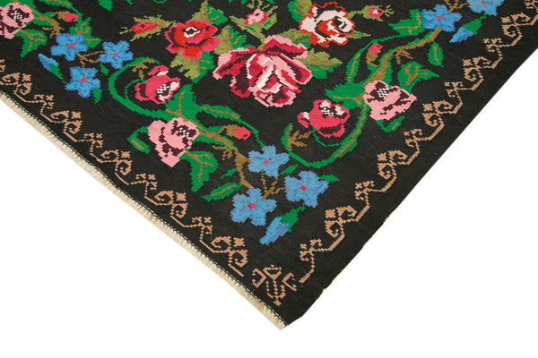 Moldovian Floral Siyah Çiçekli Pamuk Yün Keçi Tüyü El Dokuma Halısı 230x316 Agacan
