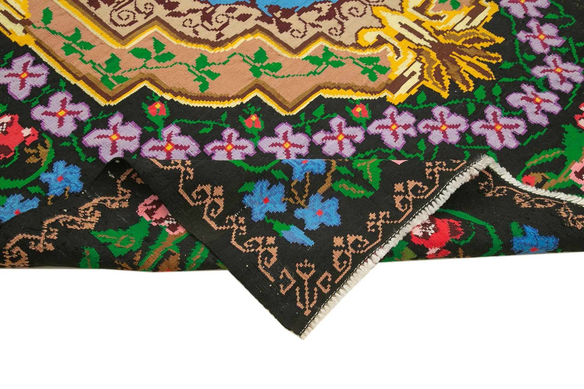 Moldovian Floral Siyah Çiçekli Pamuk Yün Keçi Tüyü El Dokuma Halısı 230x316 Agacan