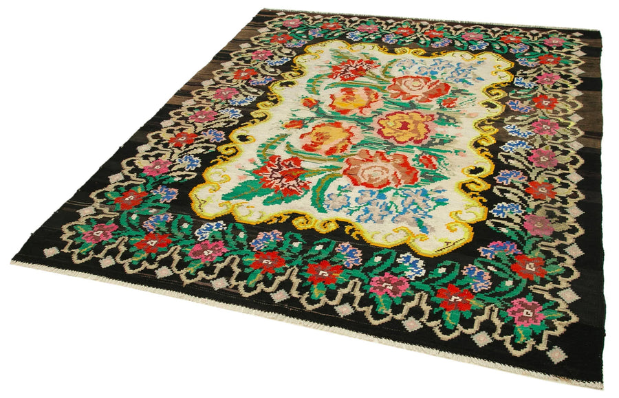 Moldovian Floral Siyah Çiçekli Pamuk Yün Keçi Tüyü El Dokuma Halısı 181x211 Agacan