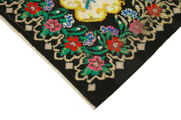 Moldovian Floral Siyah Çiçekli Pamuk Yün Keçi Tüyü El Dokuma Halısı 181x211 Agacan