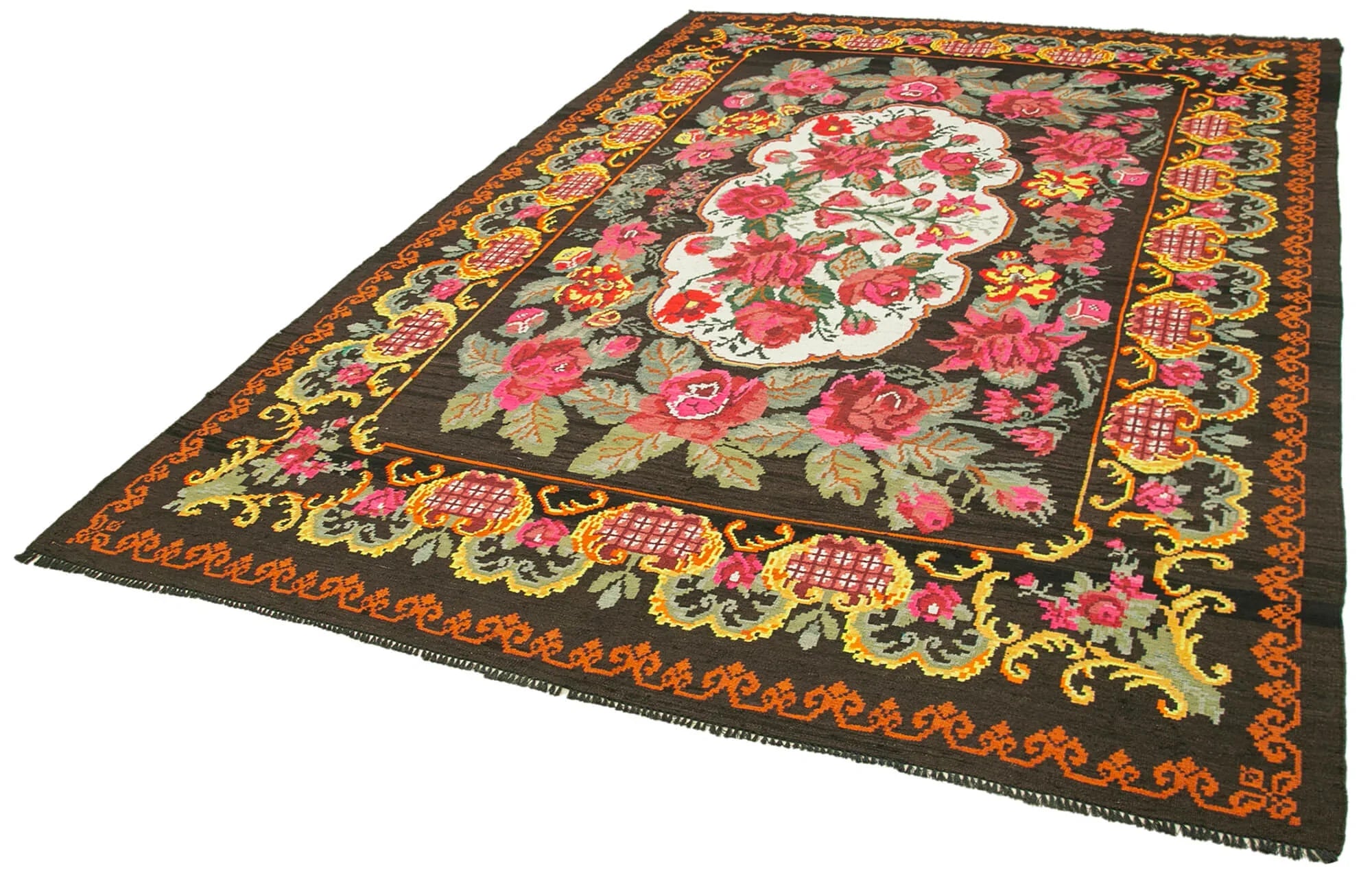 Moldovian Floral Siyah Çiçekli Pamuk Yün Keçi Tüyü El Dokuma Halısı 219x326 Agacan