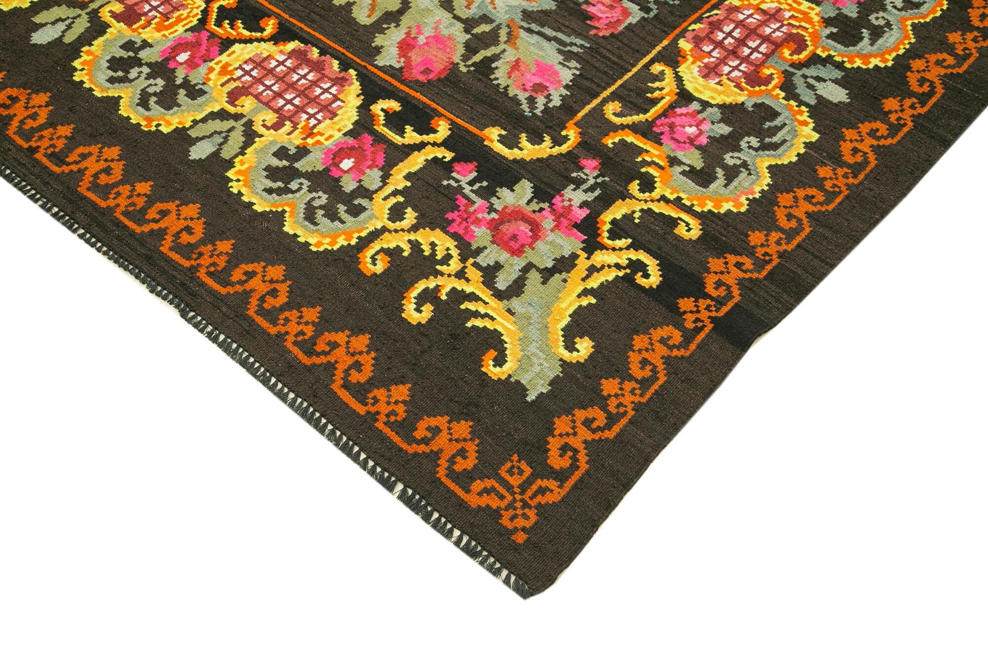 Moldovian Floral Siyah Çiçekli Pamuk Yün Keçi Tüyü El Dokuma Halısı 219x326 Agacan