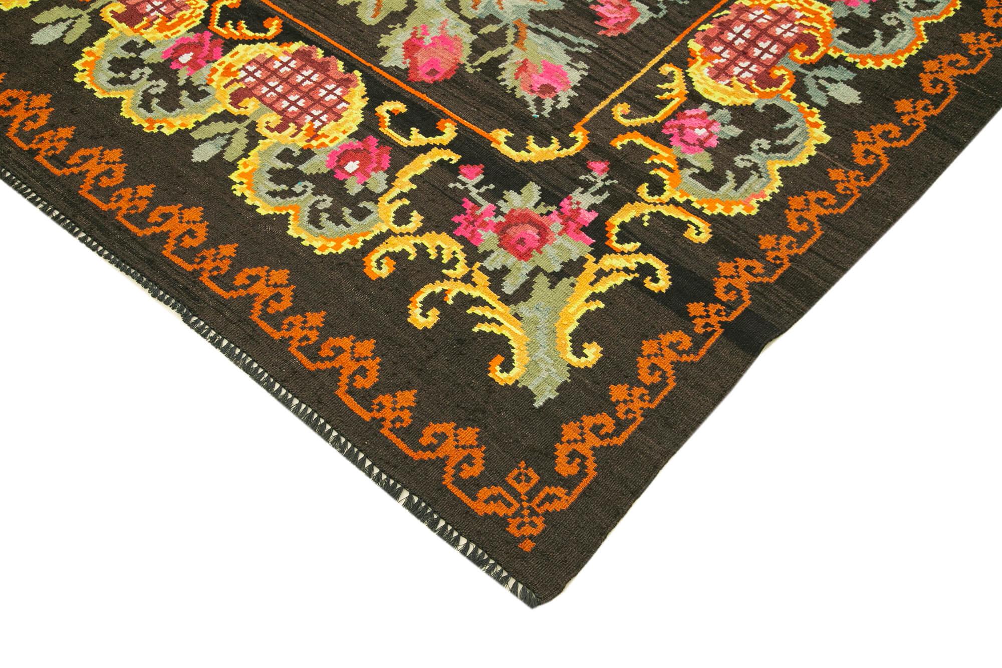 Moldovian Floral Siyah Çiçekli Pamuk Yün Keçi Tüyü El Dokuma Halısı 219x326 Agacan