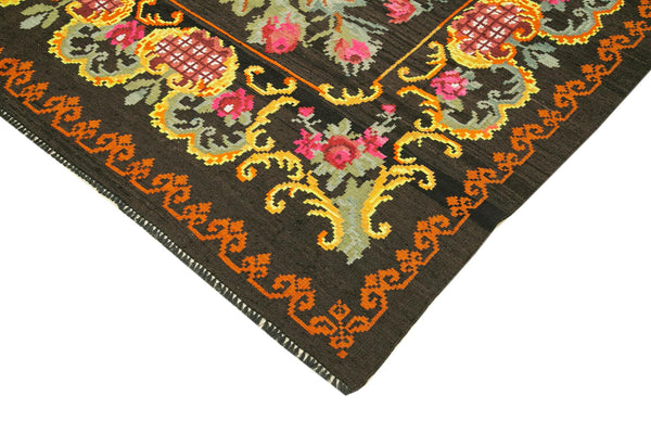Moldovian Floral Siyah Çiçekli Pamuk Yün Keçi Tüyü El Dokuma Halısı 219x326 Agacan