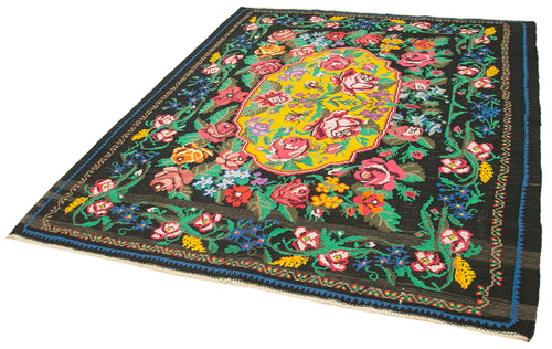 Moldovian Floral Siyah Çiçekli Pamuk Yün Keçi Tüyü El Dokuma Halısı 197x230 Agacan