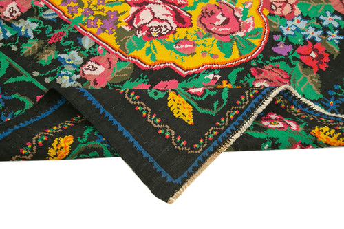 Moldovian Floral Siyah Çiçekli Pamuk Yün Keçi Tüyü El Dokuma Halısı 197x230 Agacan