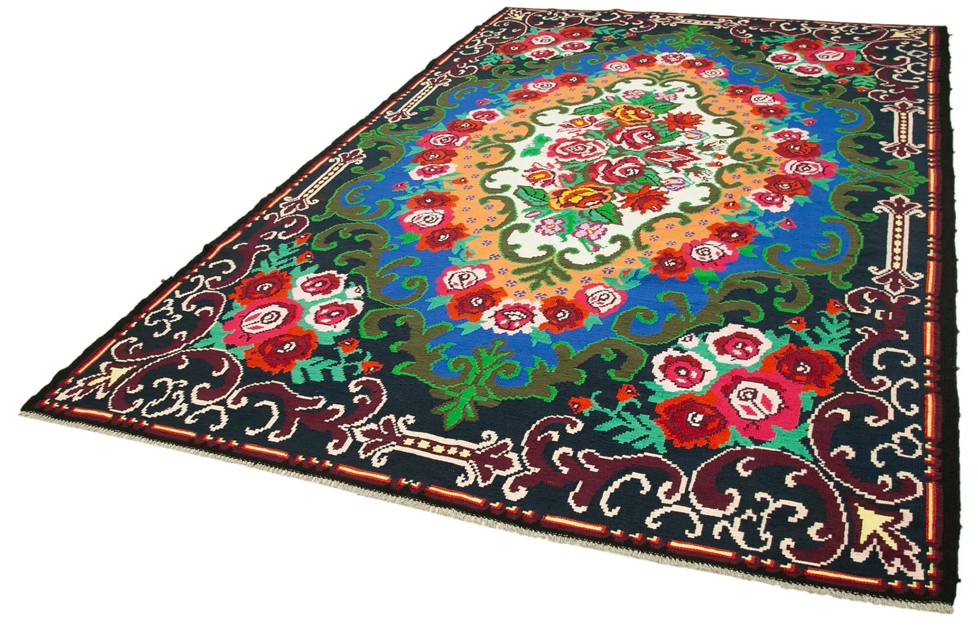 Moldovian Floral Siyah Çiçekli Pamuk Yün Keçi Tüyü El Dokuma Halısı 215x335 Agacan