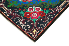 Moldovian Floral Siyah Çiçekli Pamuk Yün Keçi Tüyü El Dokuma Halısı 215x335 Agacan