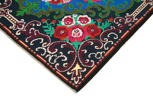 Moldovian Floral Siyah Çiçekli Pamuk Yün Keçi Tüyü El Dokuma Halısı 215x335 Agacan