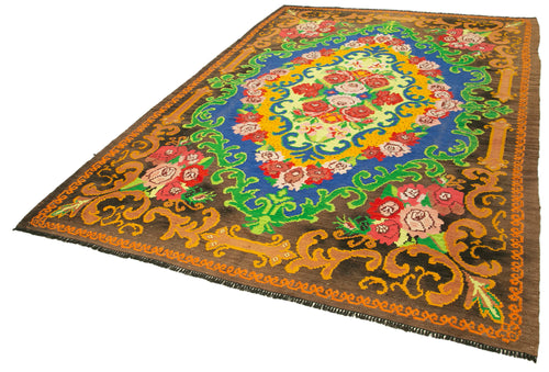 Moldovian Floral Kahverengi Çiçekli Pamuk Yün Keçi Tüyü El Dokuma Halısı 210x313 Agacan