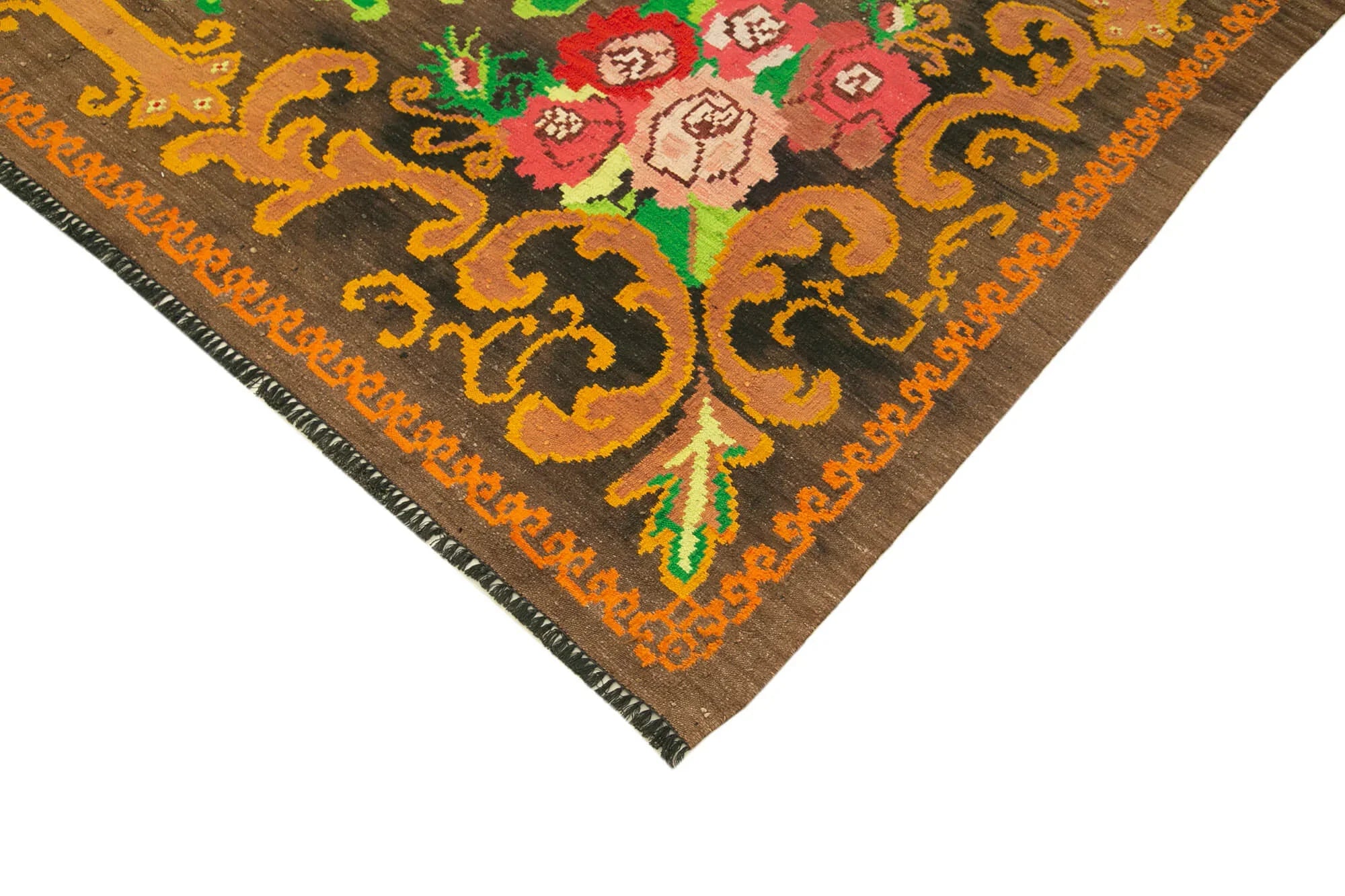 Moldovian Floral Kahverengi Çiçekli Pamuk Yün Keçi Tüyü El Dokuma Halısı 210x313 Agacan
