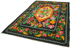 Moldovian Floral Siyah Çiçekli Pamuk Yün Keçi Tüyü El Dokuma Halısı 192x310 Agacan