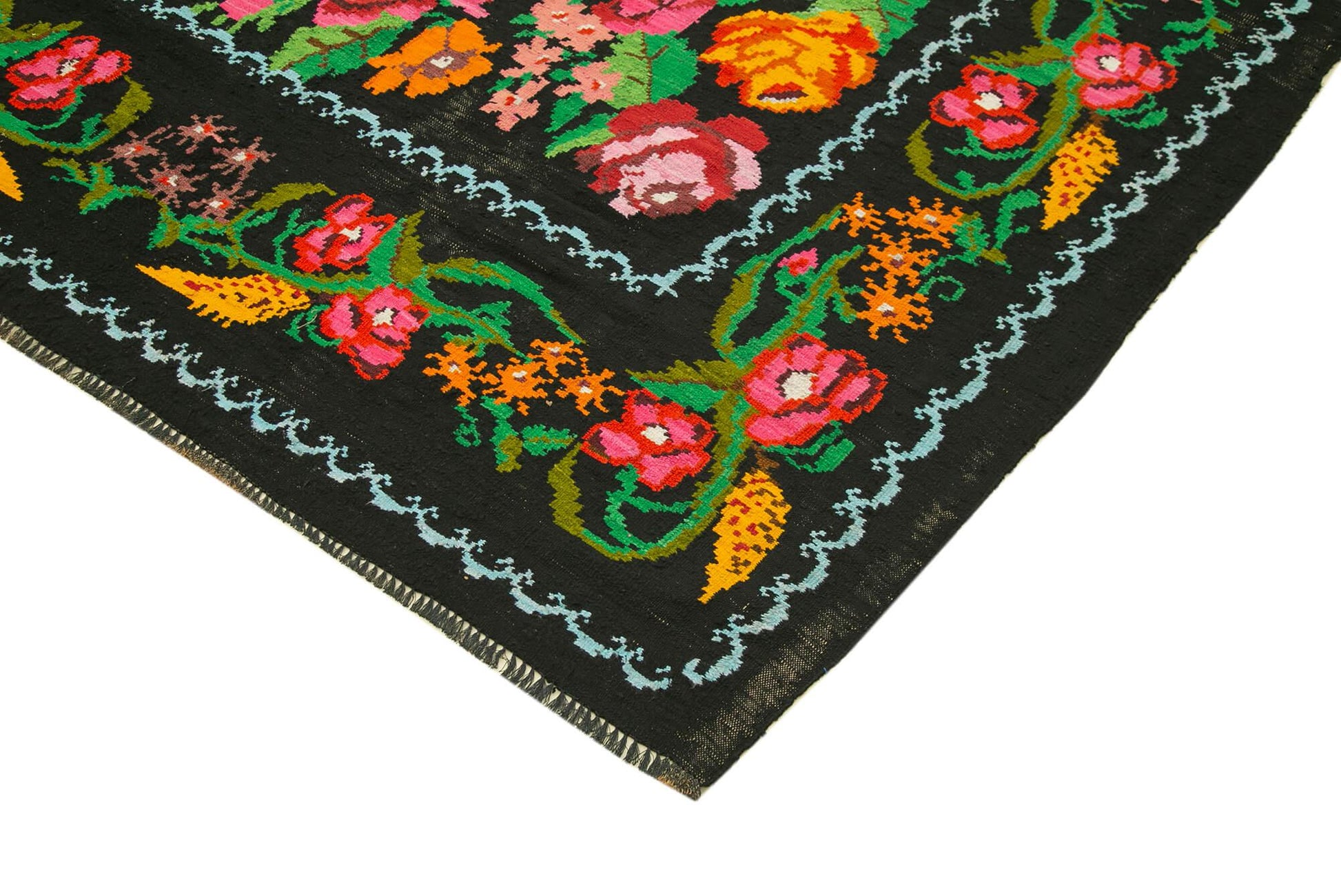 Moldovian Floral Siyah Çiçekli Pamuk Yün Keçi Tüyü El Dokuma Halısı 192x310 Agacan